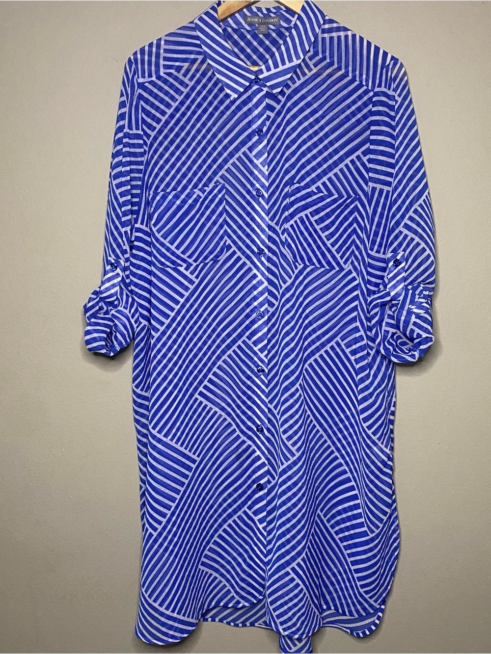 Jessica London Sheer Striped Beach Cover Up 22W Blue White Roll Tab Sleeve